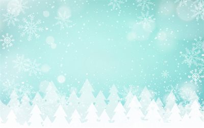 blue winter landscape, art, blue background with fir trees, forest landscape, winter art background, forest, background with snowflakes