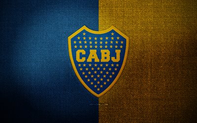 Boca Juniors badge, 4k, blue yellow fabric background, Liga Profesional, Boca Juniors logo, Boca Juniors emblem, sports logo, argentine football club, CA Boca Juniors, CABJ, soccer, football, Boca Juniors FC