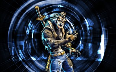Werewolf, 4k, blue abstract background, Fortnite, abstract rays, Werewolf Skin, Fortnite Werewolf Skin, Fortnite characters, Werewolf Fortnite