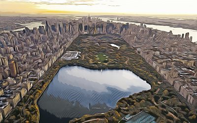 4k, parc central, la ville de new york, art vectoriel, vue aérienne, manhattan, panorama new yorkais, paysage urbain de new york, dessins new yorkais, etats unis