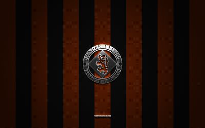 logotipo del dundee united fc, equipo de fútbol escocés, premier league escocesa, fondo de carbono negro naranja, emblema del dundee united fc, fútbol, dundee united fc, escocia, logotipo metálico del dundee united fc