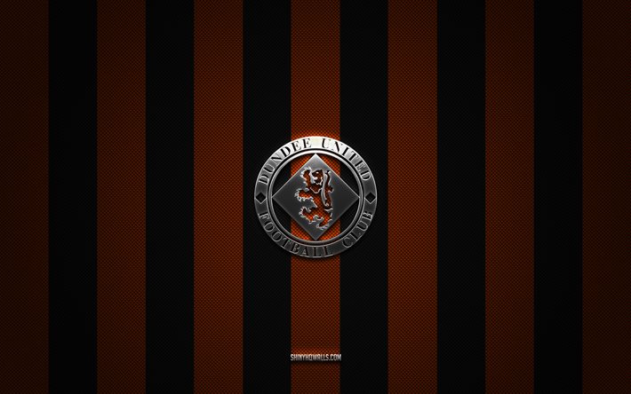 dundee united fc logo, schottische fußballmannschaft, schottische premiership, orange schwarzer kohlenstoffhintergrund, dundee united fc emblem, fußball, dundee united fc, schottland, metalllogo von dundee united fc