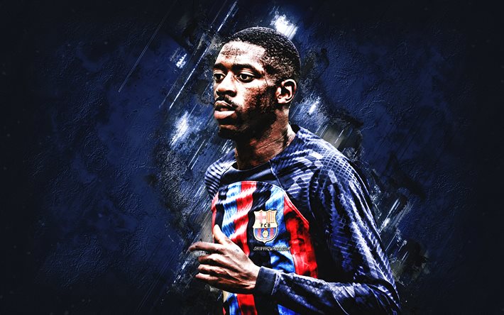 Ousmane Dembele, portrait, FC Barcelona, French football player, striker, blue stone background, La Liga, Spain, football