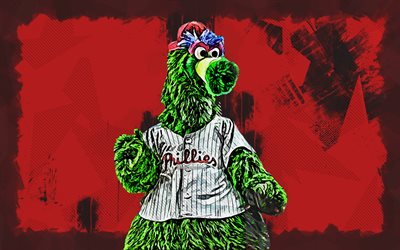 4k, Phillie Phanatic, grunge art, Philadelphia Phillies, mascots, baseball, MLB, creative, red grunge background, official mascot, Philadelphia Phillies mascot, MLB mascots, artwork, Phillie Phanatic mascot