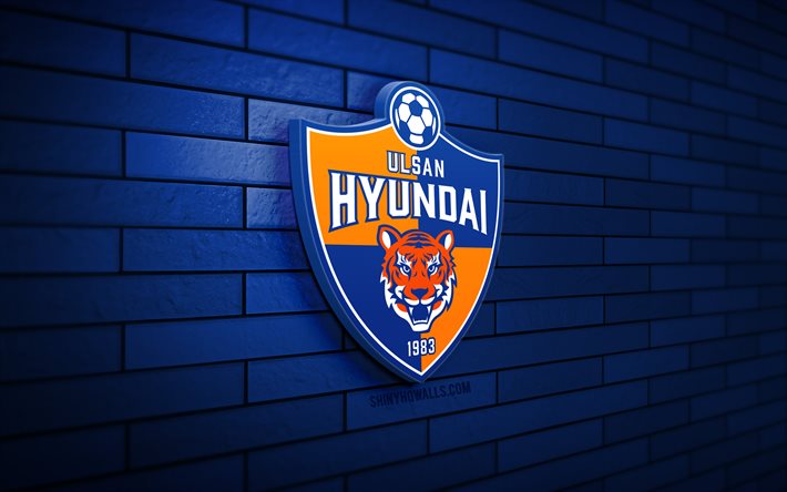 logo ulsan hyundai 3d, 4k, parede de tijolos azul, liga k 1, futebol, clube de futebol sul coreano, logo ulsan hyundai, emblema ulsan hyundai, ulsan hyundai, logotipo esportivo, ulsan hyundai fc