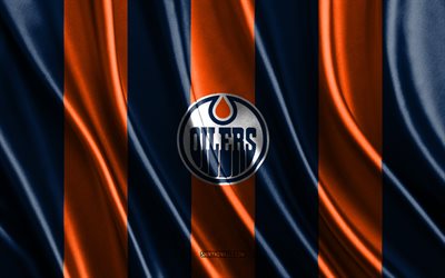 4k, Edmonton Oilers, NHL, blue orange silk texture, Edmonton Oilers flag, American hockey team, hockey, silk flag, Edmonton Oilers emblem, USA, Edmonton Oilers badge