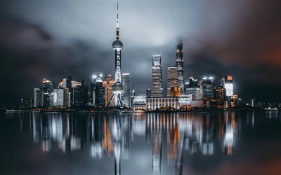 4k, Shanghai, night, fog, Shanghai World Financial Center, SWFC, Shanghai Tower, Shanghai skyscrapers, Oriental Pearl Tower, Shanghai cityscape, Shanghai skyline, China