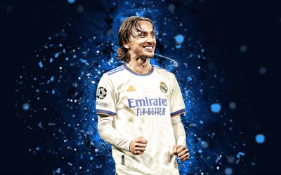 Luka Modric, 4k, Real Madrid FC, blue neon lights, soccer, croatian footballers, La Liga, Luka Modric 4K, football, Real Madrid CF, LaLiga, Luka Modric Real Madrid