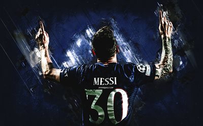 Lionel Messi, PSG, Argentine footballer, striker, Messi from the back, Paris Saint-Germain, Ligue 1, France, blue grunge background, football