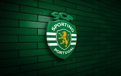 Sporting CP 3D logo, 4K, green brickwall, Primeira Liga, soccer, portuguese football club, Sporting CP logo, Liga Portugal, Sporting CP emblem, football, Sporting CP, sports logo, Sporting FC