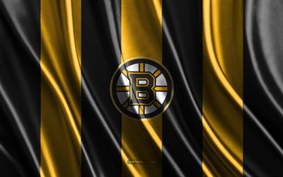4k, Boston Bruins, NHL, yellow black silk texture, Boston Bruins flag, American hockey team, hockey, silk flag, Boston Bruinsemblem, USA, Boston Bruins badge