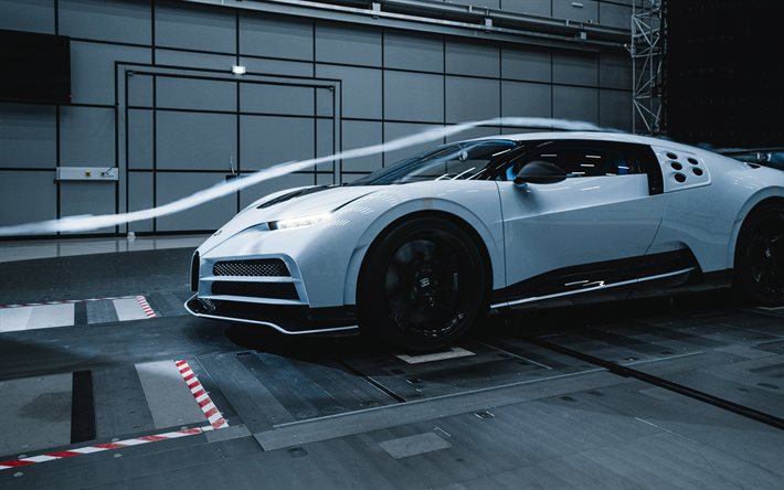 Bugatti Centodieci, 4k, aerodynamic tube, 2019 cars, White Bugatti Centodieci, hypercars, supercars, 2022 Bugatti Centodieci, french cars, Bugatti