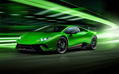 Lamborghini Huracan, 4k, motion blur, 2019 cars, supercars, traffic lights, Green Lamborghini Huracan, italian cars, Lamborghini