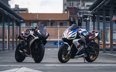 2022, Honda CBR650R, Aprilia RS660, front view, exterior, red black CBR650R, white RS660, racing motorcycles, Honda, Aprilia