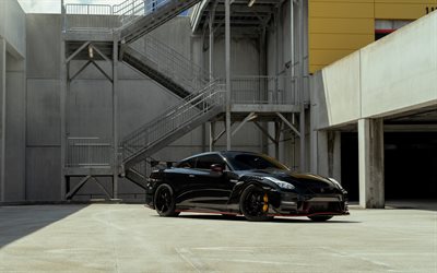 4k, Nissan GT-R, exterior, front view, black sports coupe, black GT-R R35, GT-R tuning, black Nissan GT-R, Japanese sports cars, Nissan