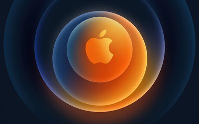 شعار التفاح البرتقالي, 4k, دوائر ملونة, عمل فني, خلاق, خلفية مجردة, العلامات التجارية, شعار شركة آبل, شعار أبل المجرد, تفاحة