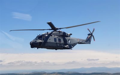 4k, NHI NH90, blue sky, NATO Frigate Helicopter, flying helicopters, Spanish Army, NATO, military aviation, military helicopters, Spanish Air and Space Force, NHIndustries NH90, Eurocopter