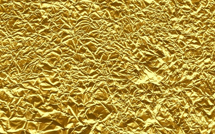 feuille d or froissée, 4k, arrière-plans métalliques, feuille d or, textures d aluminium froissé, arrière-plans d aluminium doré, textures dorées, feuille froissée, textures d aluminium, fleuret