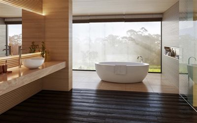 흰색 둥근 돌 욕조, 현대적인 인테리어 디자인, 화장실, 세련된 인테리어 디자인, 욕실의 나무, 현대적인 스타일, 욕실 아이디어