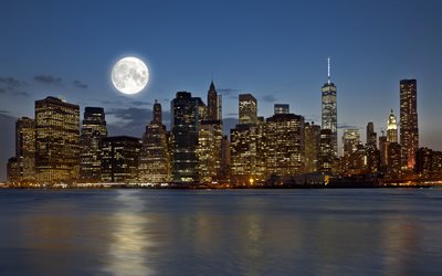 Manhattan, New York, World Trade Center 1, skyscrapers, New York at night, New York skyline, New York cityscape, USA
