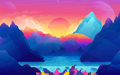 4k, abstract landscapes, sun, rays, river, drawing mountains, creative, low poly art, skyline, abstract nature, drawing landscapes
