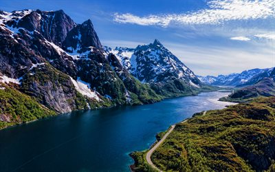 로포텐, 4k, 여름, 피오르드, 노르웨이 랜드마크, 산, 노르웨이, 유럽, 노르웨이의 자연