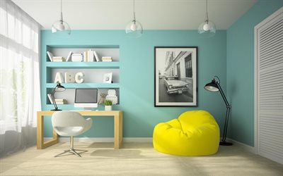 stilvolles innendesign, teenagerzimmer, modernes interieur, blaue wände, ideen für teenagerzimmer, gelber sessel, gelber taschenstuhl, rahmenlose möbel, jungenzimmer-interieur