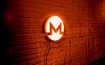Monero neon logo, 4k, orange brickwall, grunge art, creative, logo on wire, Monero orange logo, cryptocurrencies, Monero logo, artwork, Monero