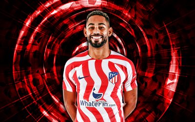 Matheus Cunha, 4k, Atletico Madrid FC, red abstract background, soccer, brazilian footballers, LaLiga, Matheus Cunha 4K, Cunha, abstract rays, football, Matheus Cunha Atletico Madrid