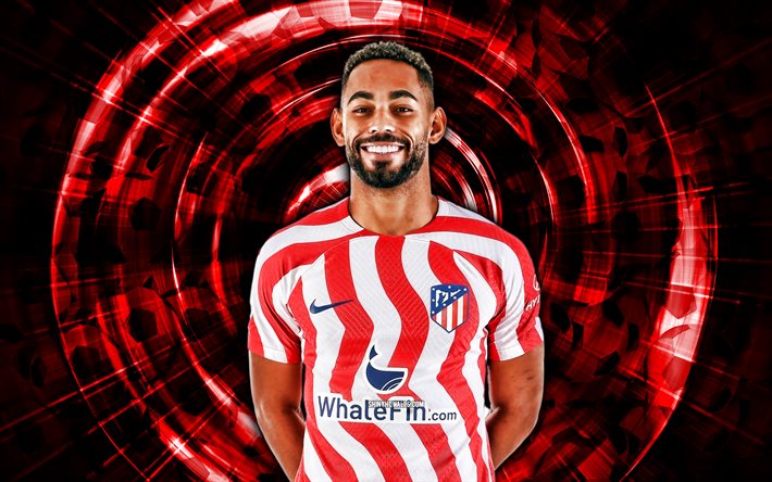 Matheus Cunha, 4k, Atletico Madrid FC, red abstract background, soccer, brazilian footballers, LaLiga, Matheus Cunha 4K, Cunha, abstract rays, football, Matheus Cunha Atletico Madrid