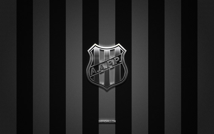 logotipo de ponte preta, club de fútbol brasileño, serie b brasileña, fondo de carbono blanco negro, emblema de ponte preta, fútbol, ponte preta, brasil, logotipo de metal plateado de ponte preta