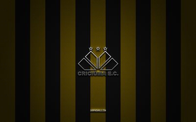 criciuma ec-logo, brasilianischer fußballverein, brasilianische serie b, gelbschwarzer kohlenstoffhintergrund, criciuma ec-emblem, fußball, criciuma ec, brasilien, criciuma ec-silbermetalllogo