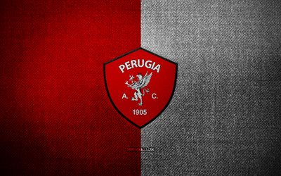 AC Perugia badge, 4k, red white fabric background, Serie A, AC Perugia logo, AC Perugia emblem, sports logo, AC Perugia flag, italian football club, AC Perugia Calcio, soccer, football, Perugia FC