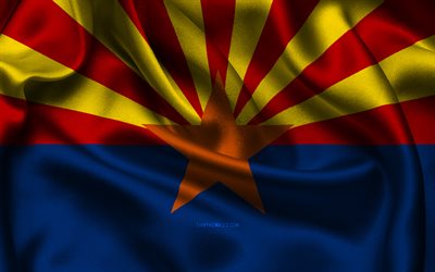 Arizona flag, 4K, american states, satin flags, flag of Arizona, Day of Arizona, wavy satin flags, State of Arizona, US States, USA, Arizona