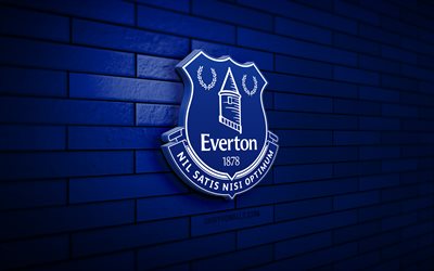 Everton 3D logo, 4K, blue brickwall, Premier League, soccer, english football club, Everton logo, Everton emblem, football, Everton, sports logo, Everton FC