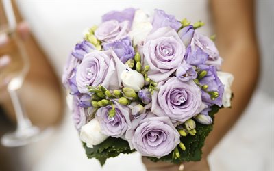 bouquet de mariage violet, 4k, bouquet de roses violettes, bouquet de la mariée, des roses, fond d invitation de mariage, bouquet de roses, arrière-plan avec des roses, bouquet de mariage de roses, de belles fleurs