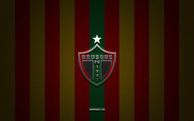 brusque fc-logo, brasilianischer fußballverein, brasilianische serie b, rot-gelber karbonhintergrund, brusque fc-emblem, fußball, brusque fc, brasilien, brusque fc-silbermetalllogo