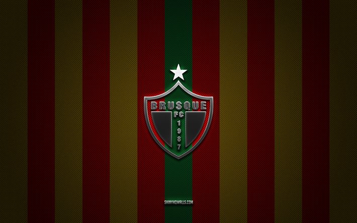 Brusque FC logo, Brazilian football club, Brazilian Serie B, red yellow carbon background, Brusque FC emblem, football, Brusque FC, Brazil, Brusque FC silver metal logo