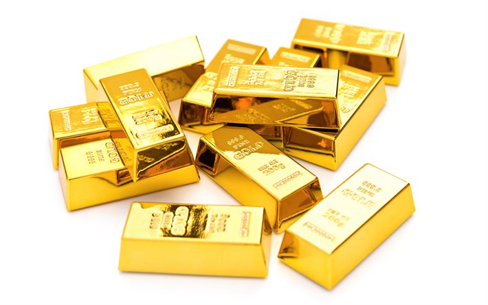 lingotes de oro, 4k, fondo blanco, montaña de oro, reservas de oro, finanzas, oro