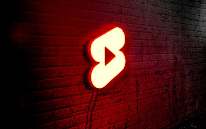 유튜브 반바지 네온 로고, 4k, 붉은 벽돌 벽, 그런지 아트, 창의적인, 와이어에 로고, 유튜브 반바지 레드 로고, 소셜 네트워크, 유튜브 반바지 로고, 삽화, 유튜브 반바지