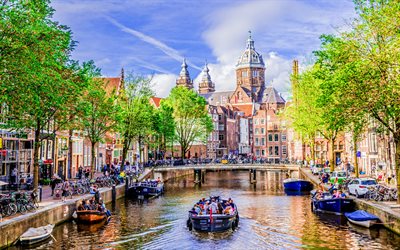 Amsterdam, 4k, water channel, dutch cities, houses, summer, Netherlands, Europe, Amsterdam cityscape, Amsterdam panorama