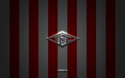 Tombense FC logo, Brazilian football club, Brazilian Serie B, red white carbon background, Tombense FC emblem, football, Tombense FC, Brazil, Tombense FC silver metal logo