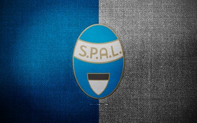 spal-abzeichen, 4k, blau-weißer stoffhintergrund, serie b, spal-logo, spal-emblem, sportlogo, spal-flagge, italienischer fußballverein, spal, fußball, spal fc