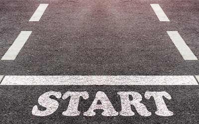 linha de partida, 4k, começar, estrada de asfalto, começar a palavra na estrada, iniciar conceitos, conceitos de inicialização, start-up