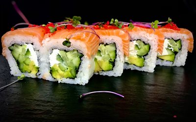 philadelphia roll, macro, comida asiática, sushi, rollos, comida rápida, makizushi, comida japonesa, foto con sushi