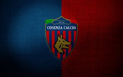 Cosenza FC badge, 4k, red blue fabric background, Serie B, Cosenza FC logo, Cosenza FC emblem, sports logo, Cosenza FC flag, italian football club, Cosenza Calcio, soccer, football, Cosenza FC
