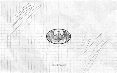 バットマン スケッチ ロゴ, 4k, 市松模様の紙の背景, バットマンブラックロゴ, スーパーヒーロー, ロゴスケッチ, バットマンのロゴ, 鉛筆画, バットマン
