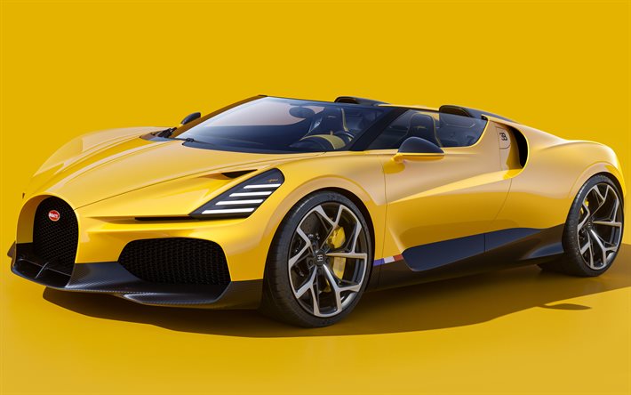 4k, bugatti w16 mistral, estudio, 2023 autos, hypercars, amarillo bugatti w16 mistral, 2023 bugatti w16 mistral, autos franceses, bugatti