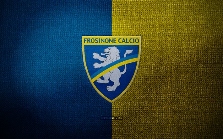 Frosinone badge, 4k, blue yellow fabric background, Serie B, Frosinone logo, Frosinone emblem, sports logo, Frosinone flag, italian football club, Frosinone Calcio, soccer, football, Frosinone FC