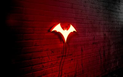 logo al neon di batwoman, 4k, muro di mattoni rosso, arte grunge, creativo, supereroi, logo su filo, logo rosso di batwoman, logo di batwoman, opera d arte, batwoman